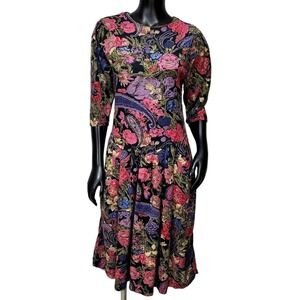 S. Roberts Vintage 90s Floral Paisley Midi Dress Pink‎ Purple Rayon Button Back